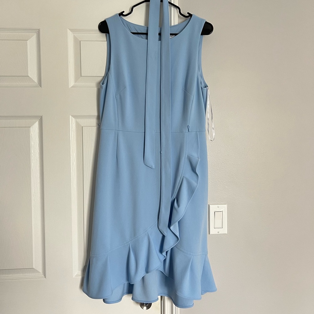 Light Blue Calvin Klein Belted Ruffle Fit N Flare Dress